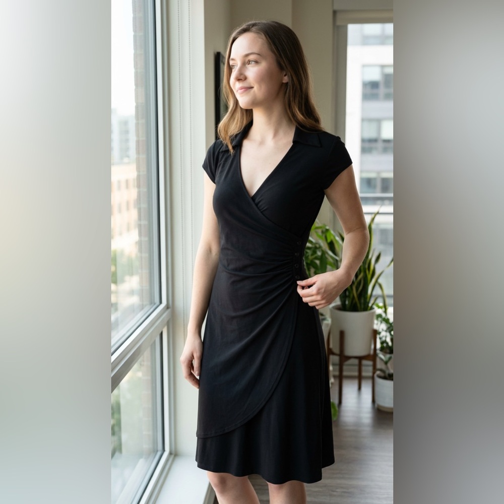 Black Wrap Dress Juniors Medium Stretch Cap Sleeve Collared Little Black Dress